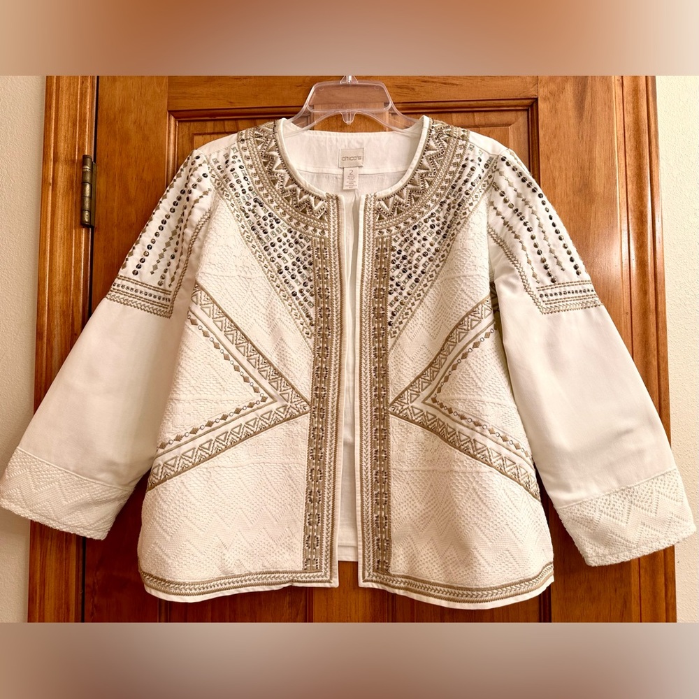 Chico’s White Jacket Cotton Multi Shaped Gold Beads Geo Print Size 2 Petite